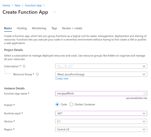 Create the resource in Azure for the Azure Function