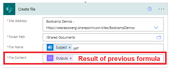 Add a SharePoint “Create file” Action