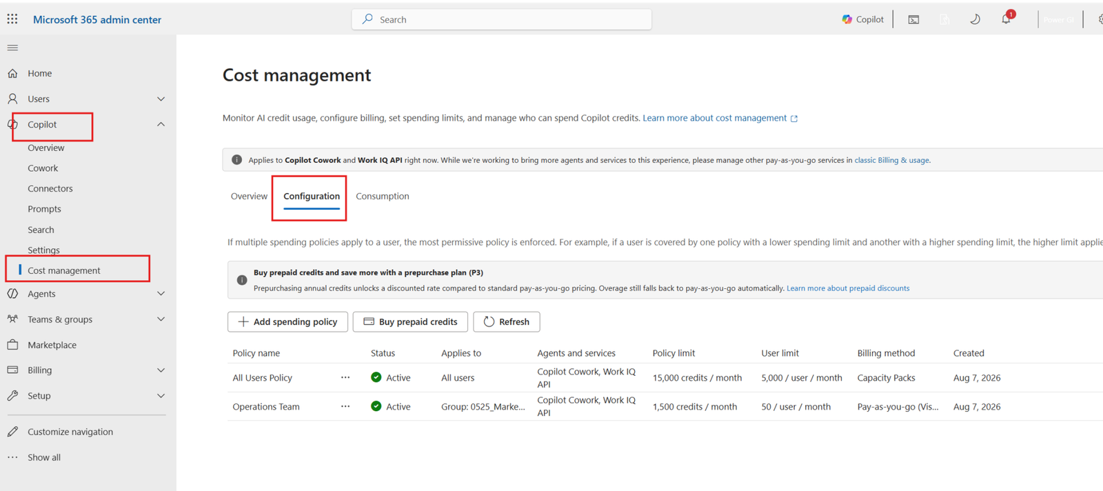 configuration copilot cost management
